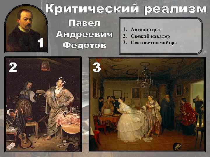 Критический реализм 1 2 Павел Андреевич Федотов 3 1. Автопортрет 2. Свежий кавалер 3.