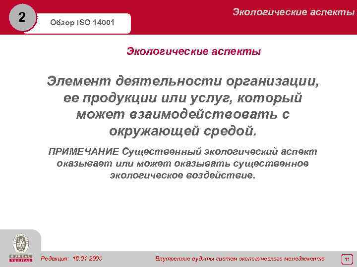 2 Экологические аспекты Обзор ISO 14001 Экологические аспекты Элемент деятельности организации, ее продукции или