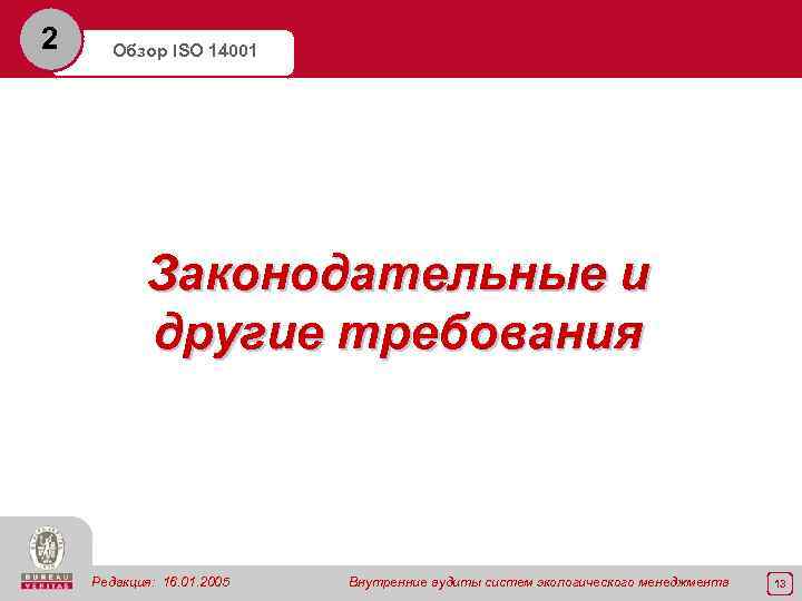 2 Обзор ISO 14001 Законодательные и другие требования Редакция: 16. 01. 2005 Внутренние аудиты