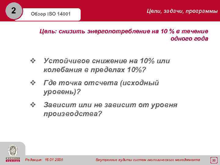 2 Обзор ISO 14001 Цели, задачи, программы Цель: снизить энергопотребление на 10 % в