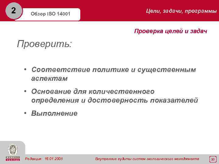 2 Обзор ISO 14001 Цели, задачи, программы Проверка целей и задач Проверить: • Соответствие