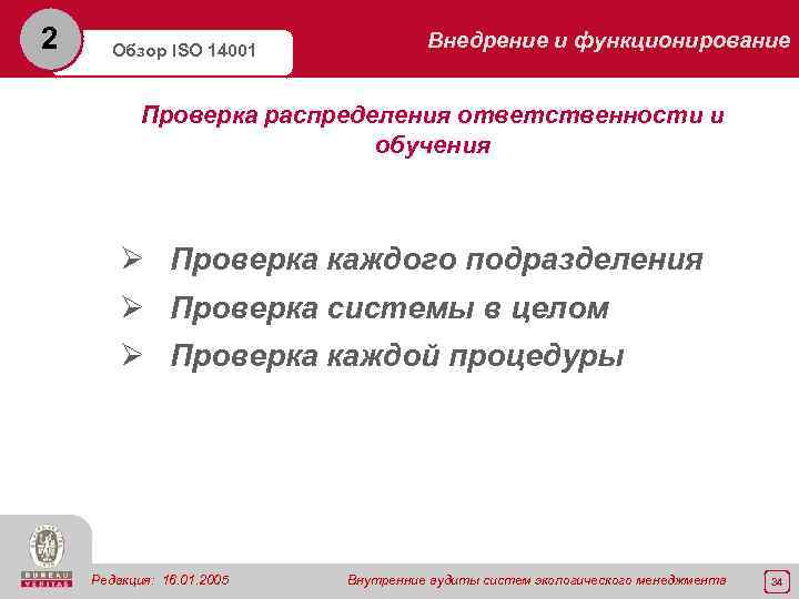 2 Обзор ISO 14001 Внедрение и функционирование Проверка распределения ответственности и обучения Ø Проверка