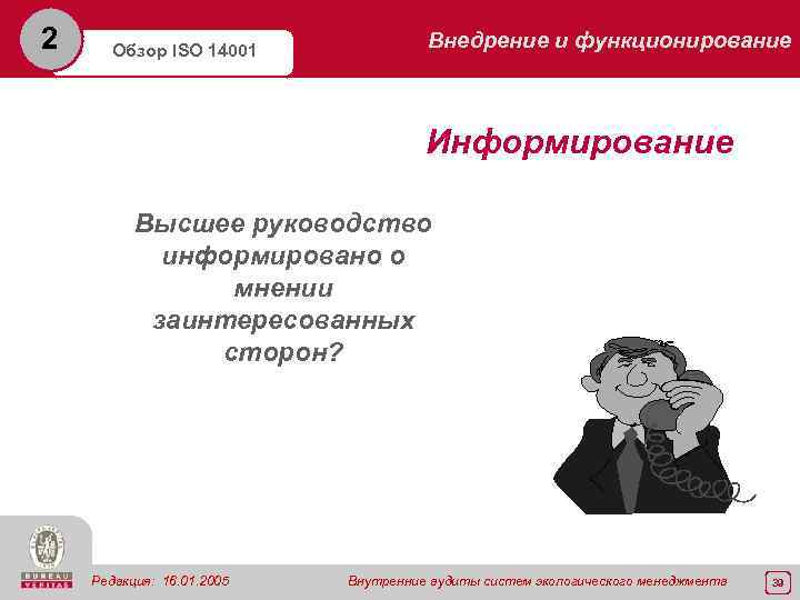 2 Обзор ISO 14001 Внедрение и функционирование Информирование Высшее руководство информировано о мнении заинтересованных