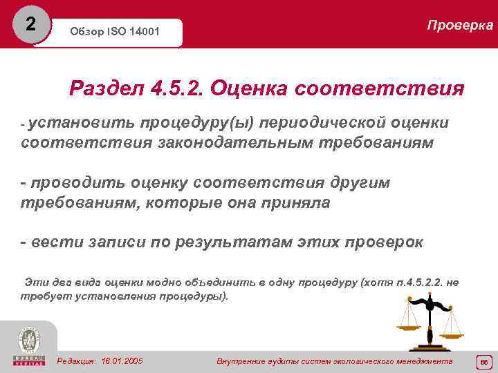 2 Проверка Обзор ISO 14001 Раздел 4. 5. 2. Оценка соответствия - установить процедуру(ы)