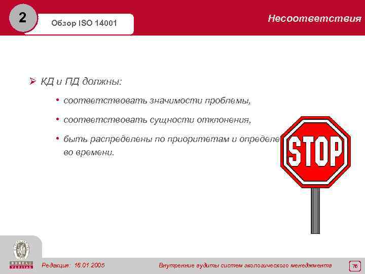 2 Несоответствия Обзор ISO 14001 Ø КД и ПД должны: • соответствовать значимости проблемы,