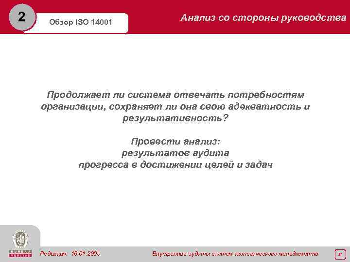 2 Обзор ISO 14001 Анализ со стороны руководства Продолжает ли система отвечать потребностям организации,
