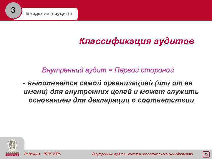 3 Введение в аудиты Классификация аудитов Внутренний аудит = Первой стороной - выполняется самой