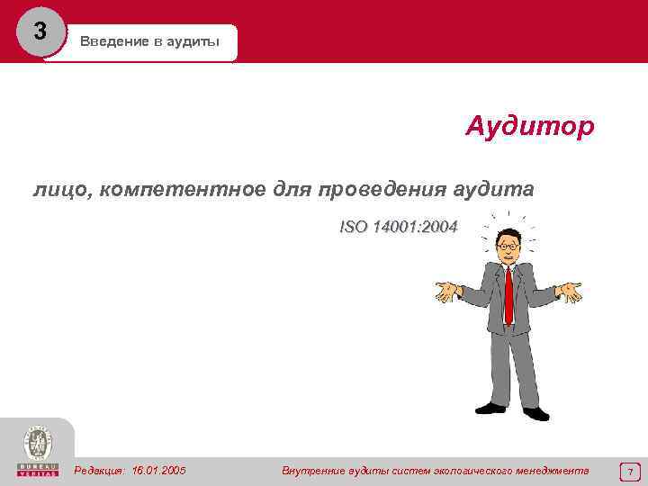 3 Введение в аудиты Аудитор лицо, компетентное для проведения аудита ISO 14001: 2004 Редакция: