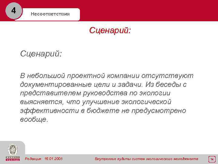 4 Несоответствия Сценарий: В небольшой проектной компании отсутствуют документированные цели и задачи. Из беседы