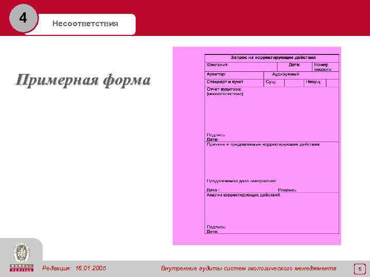 4 Несоответствия Примерная форма Редакция: 16. 01. 2005 Внутренние аудиты систем экологического менеджмента 5