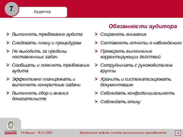 7 Аудитор Обязанности аудитора Ø Выполнять требования аудита Ø Сохранять внимание Ø Следовать плану