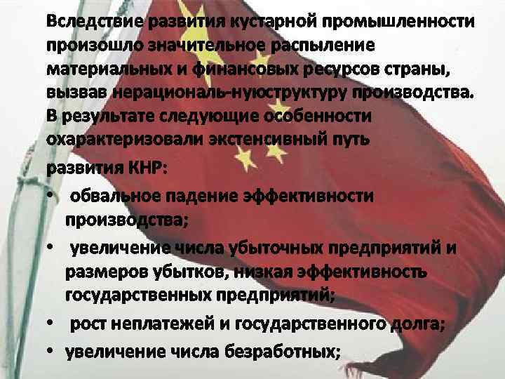 Вследствие развития кустарной промышленности произошло значительное распыление материальных и финансовых ресурсов страны, вызвав нерациональ