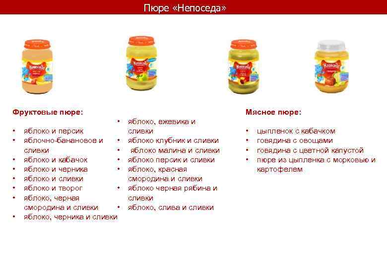 Пюре «Непоседа» Мясное пюре: Фруктовые пюре: • • • яблоко и персик яблочно-банановое и