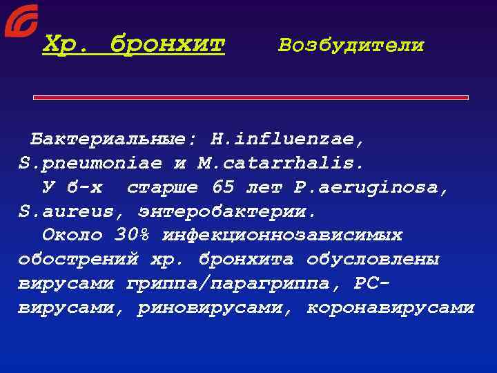 Хр. бронхит Возбудители Бактериальные: H. influenzae, S. pneumoniae и M. catarrhalis. У б-х старше