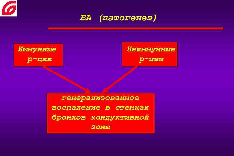 БА (патогенез) Иммунные р-ции Неиммунные р-ции генерализованное воспаление в стенках бронхов кондуктивной зоны 