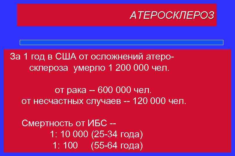 АТЕРОСКЛЕРОЗ За 1 год в США от осложнений атеросклероза умерло 1 200 000 чел.