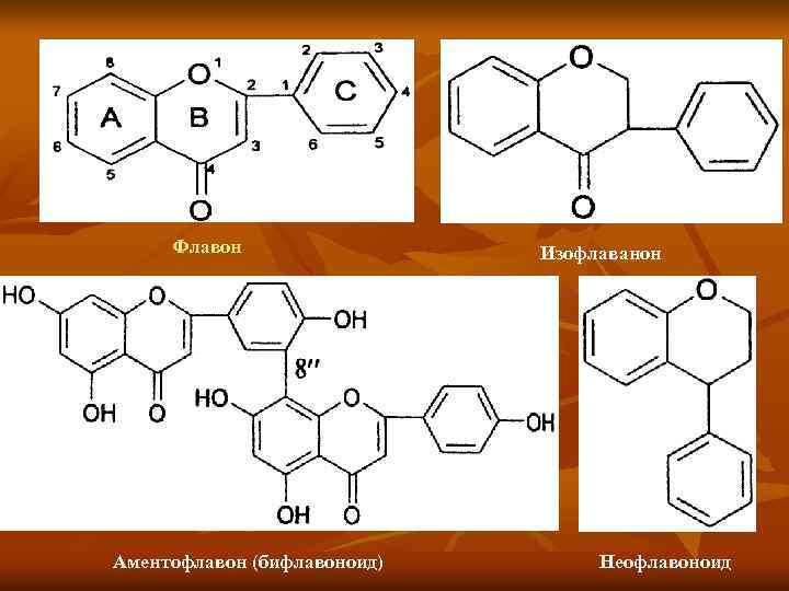 Флавон Аментофлавон (бифлавоноид) Изофлаванон Неофлавоноид 