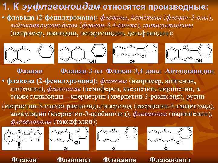 1. К эуфлавоноидам относятся производные: • флавана (2 -фенилхромана): флаваны, катехины (флаван-3 -олы), лейкоантоцианидины