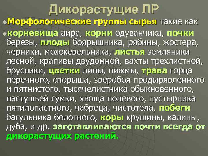 Дикорастущие ЛР Морфологические группы сырья такие как uкорневища аира, корни одуванчика, почки березы, плоды