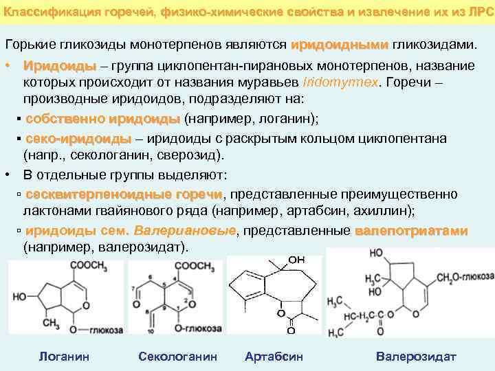 Классификация горечей, физико-химические свойства и извлечение их из ЛРС Горькие гликозиды монотерпенов являются иридоидными