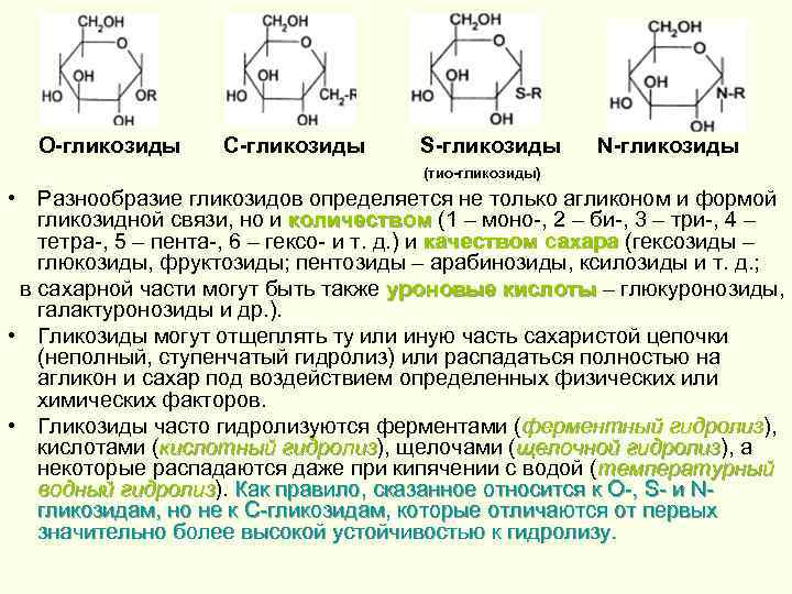 О-гликозиды С-гликозиды S-гликозиды N-гликозиды (тио-гликозиды) • Разнообразие гликозидов определяется не только агликоном и формой