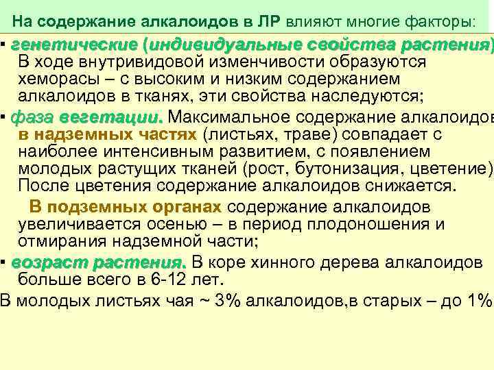 На содержание алкалоидов в ЛР влияют многие факторы: ▪ генетические (индивидуальные свойства растения) В