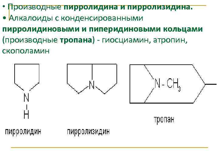  • Производные пирролидина и пирролизидина. • Алкалоиды с конденсированными пирролидиновыми и пиперидиновыми кольцами