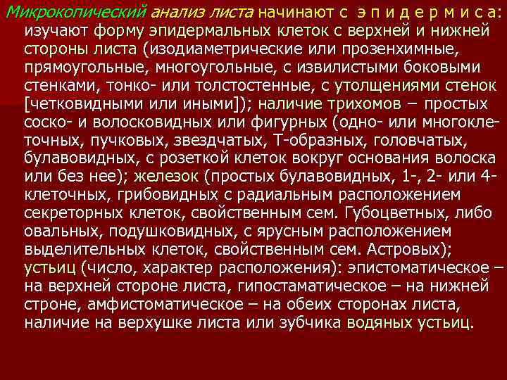 Микрокопический анализ листа начинают с э п и д е р м и с