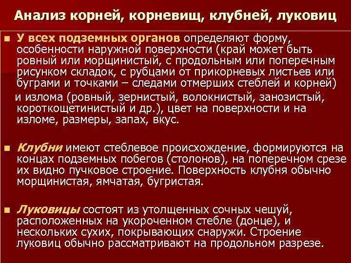 Анализ корней, корневищ, клубней, луковиц n У всех подземных органов определяют форму, особенности наружной