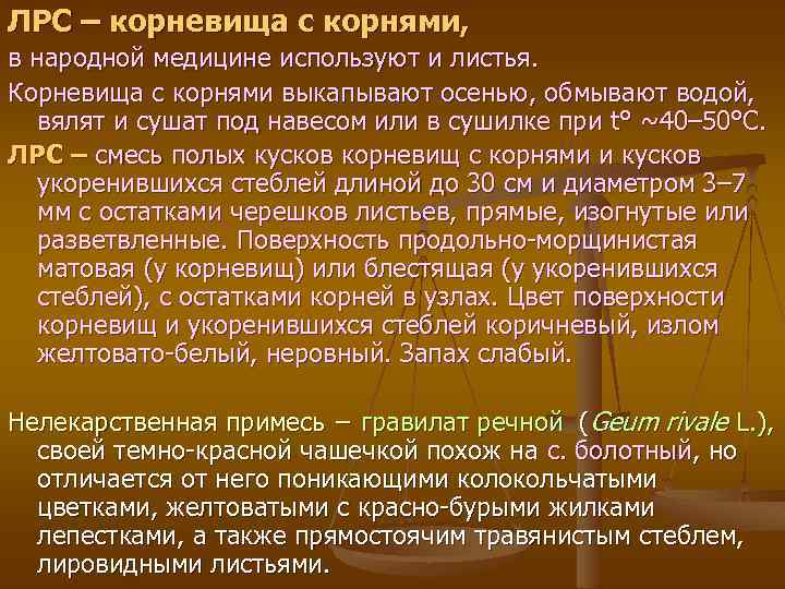 ЛРС – корневища с корнями, в народной медицине используют и листья. Корневища с корнями