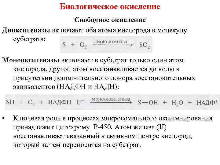 Биологическое окисление Свободное окисление Диоксигеназы включают оба атома кислорода в молекулу субстрата: Монооксигеназы включают