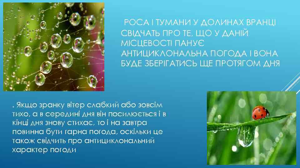 РОСА І ТУМАНИ У ДОЛИНАХ ВРАНЦІ СВІДЧАТЬ ПРО ТЕ, ЩО У ДАНІЙ МІСЦЕВОСТІ ПАНУЄ