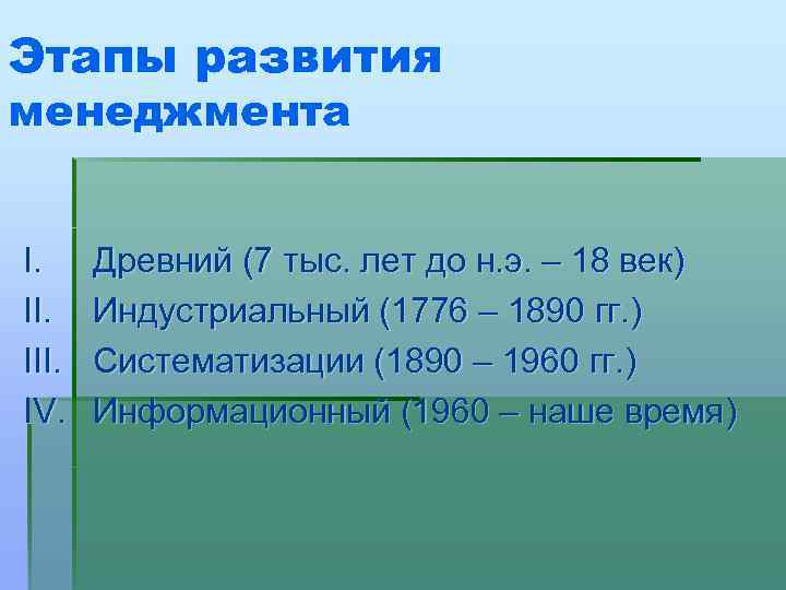 Этапы развития менеджмента I. III. IV. Древний (7 тыс. лет до н. э. –