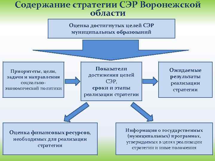 Содержание стратегии СЭР Воронежской области Оценка достигнутых целей СЭР муниципальных образований Приоритеты, цели, задачи