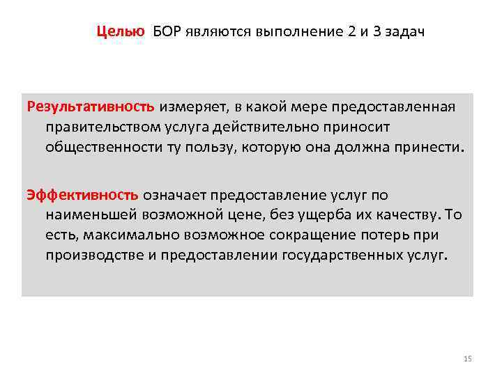 Целью БОР являются выполнение 2 и 3 задач Результативность измеряет, в какой мере предоставленная