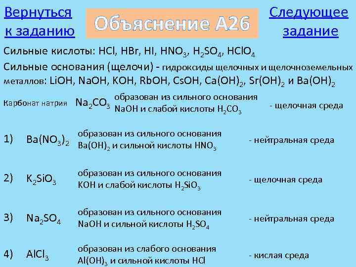 Вернуться к заданию Объяснение А 26 Следующее задание Сильные кислоты: HCl, HBr, HI, HNO