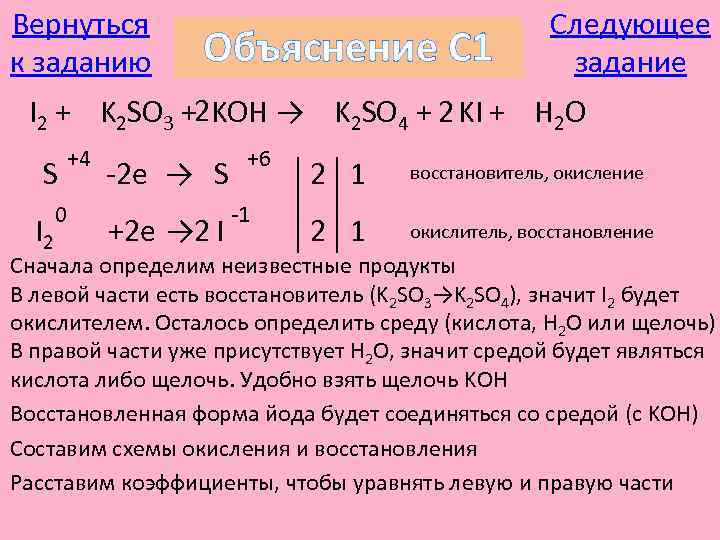 Вернуться к заданию Объяснение С 1 Следующее задание I 2 + K 2 SO
