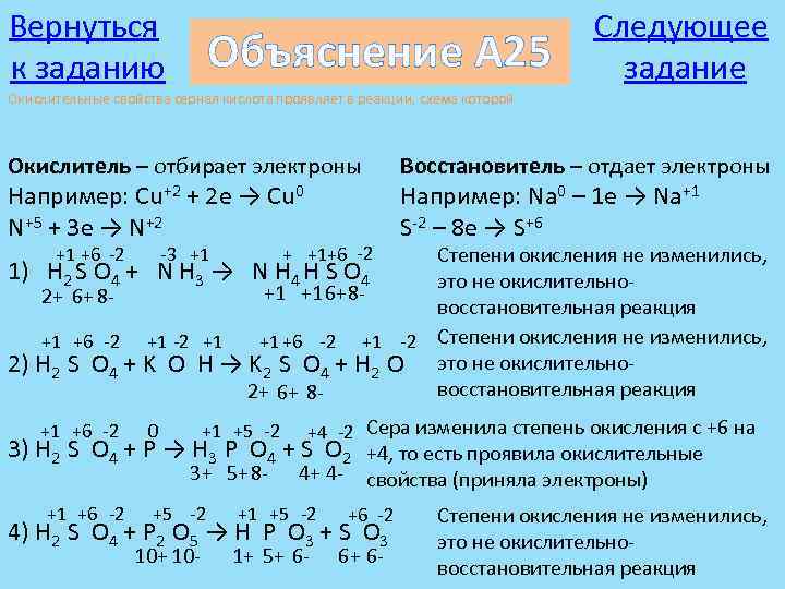 Вернуться к заданию Объяснение А 25 Следующее задание Окислительные свойства серная кислота проявляет в