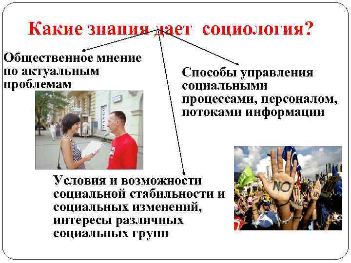 Какие знания дает социология? Общественное мнение по актуальным проблемам Способы управления социальными процессами, персоналом,