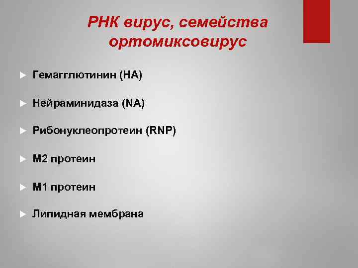 РНК вирус, семейства ортомиксовирус Гемагглютинин (НА) Нейраминидаза (NА) Рибонуклеопротеин (RNР) М 2 протеин М