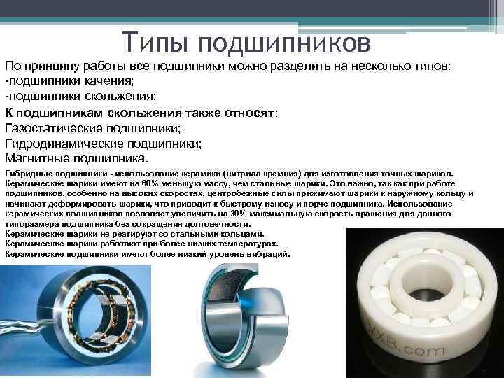 Типы подшипников По принципу работы все подшипники можно разделить на несколько типов: подшипники качения;