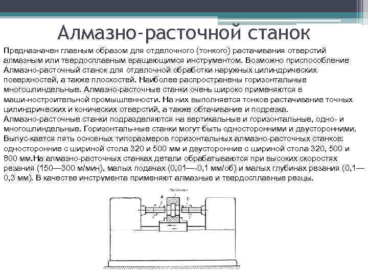 Алмазно-расточной станок Предназначен главным образом для отделочного (тонкого) растачивания отверстий алмазным или твердосплавным вращающимся