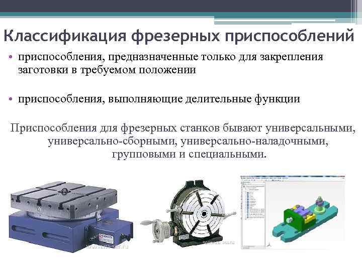 Классификация фрезерных приспособлений • приспособления, предназначенные только для закрепления заготовки в требуемом положении •