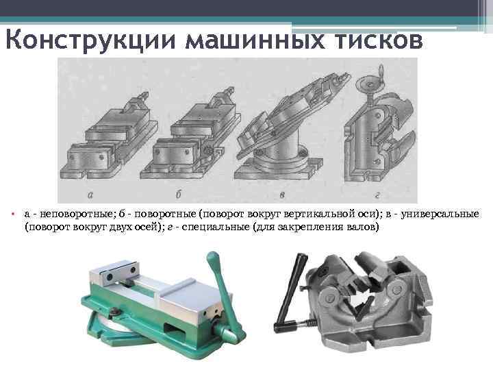 Конструкции машинных тисков • а - неповоротные; б - поворотные (поворот вокруг вертикальной оси);