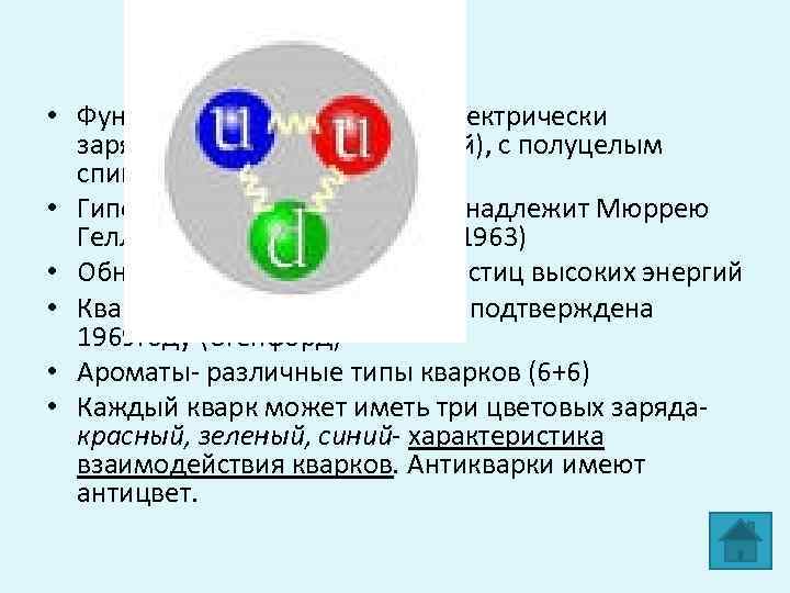 Кварки • Фундаментальные частицы, электрически заряженные частицы (дробный), с полуцелым спином (фермионы) • Гипотеза