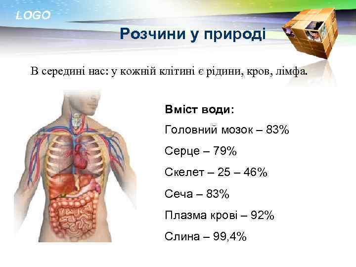 LOGO Розчини у природі В середині нас: у кожній клітині є рідини, кров, лімфа.