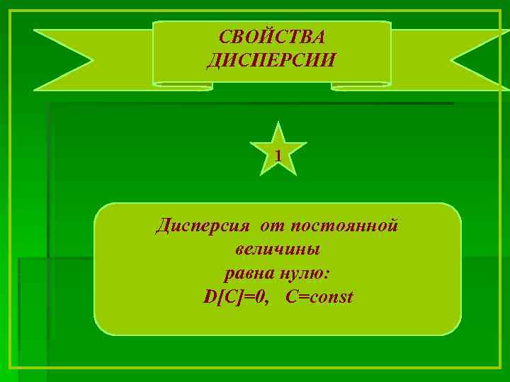 СВОЙСТВА ДИСПЕРСИИ 1 Дисперсия от постоянной величины равна нулю: D[C]=0, C=const 