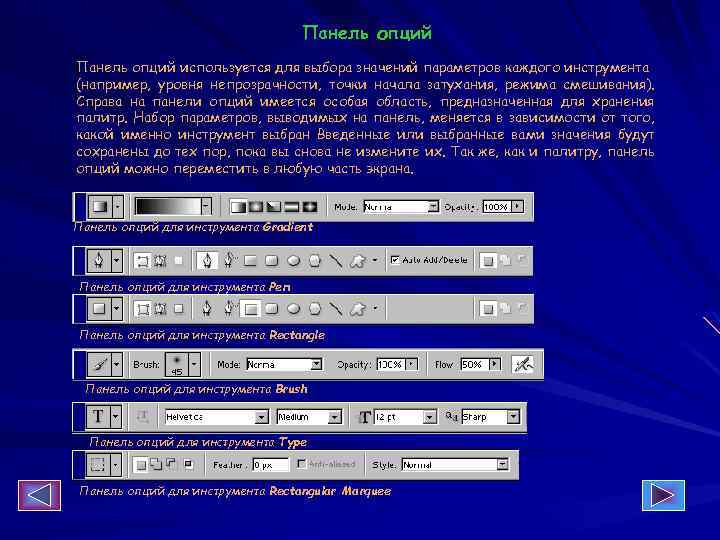 Панель опций используется для выбора значений параметров каждого инструмента (например, уровня непрозрачности, точки начала