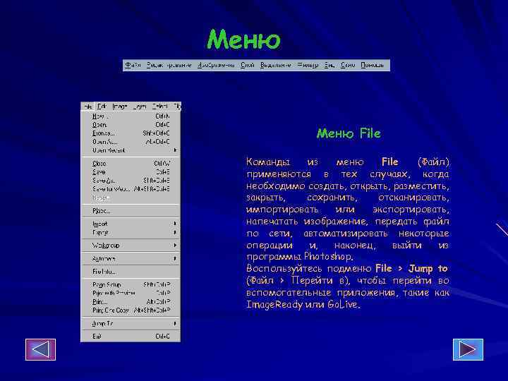 Меню File Команды из меню File (Файл) применяются в тех случаях, когда необходимо создать,