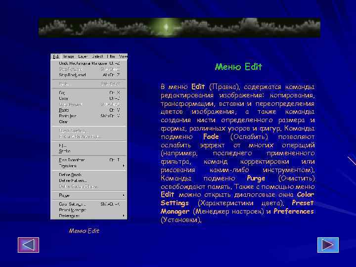 Меню Edit В меню Edit (Правка), содержатся команды редактирования изображения: копирования, трансформации, вставки и